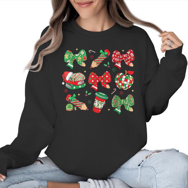 Cute Coquette Pencil Bow Christmas School Teacher Student Women Crewneck Sweatshirt