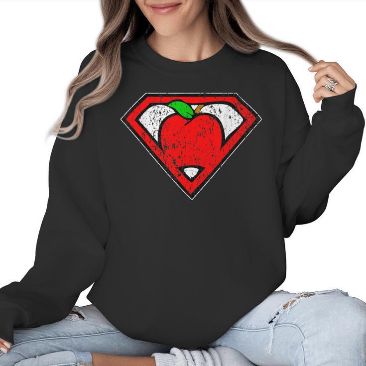 Cute Distressed Super Teacher Superhero Apple Shirt Women Crewneck Sweatshirt