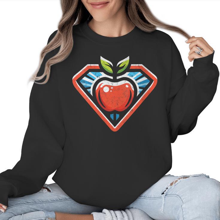 Cute Distressed Super Teacher Superhero Apple Women Crewneck Sweatshirt