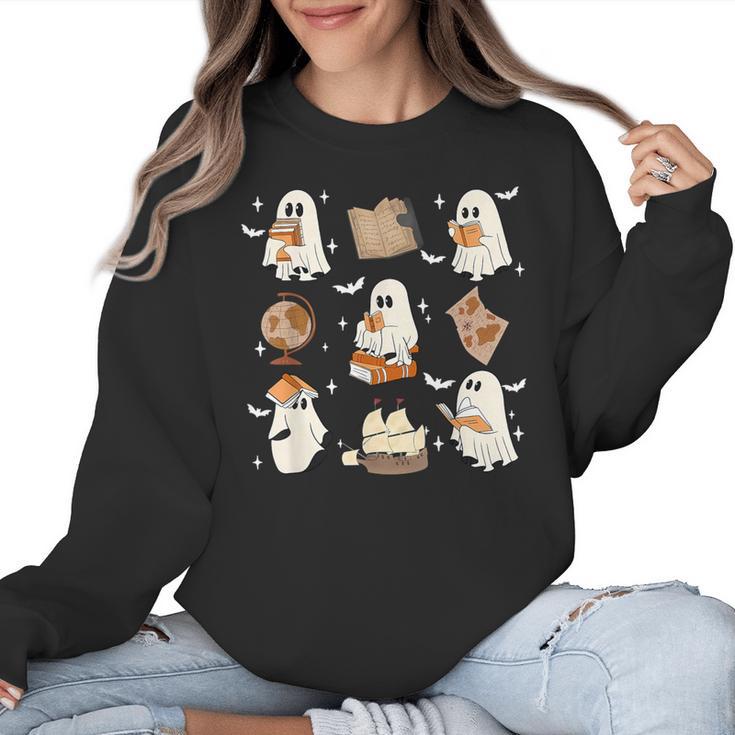 Cute Ghosts Reading Book Bookworm Halloween History Teacher Women Crewneck Sweatshirt
