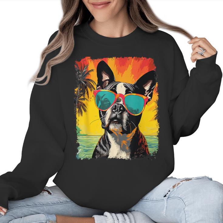 Dog Boston Terrier Hawaiian Women Crewneck Sweatshirt
