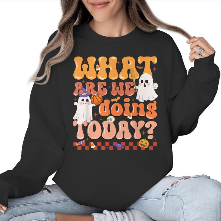 What Are We Doing Today Halloween PE Spooky Teacher Women Crewneck Sweatshirt