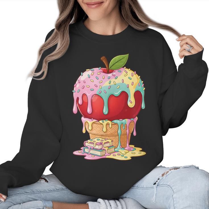 Dripping Apple Ice Cream Cone Cute Teacher Appreciation Women Crewneck Sweatshirt