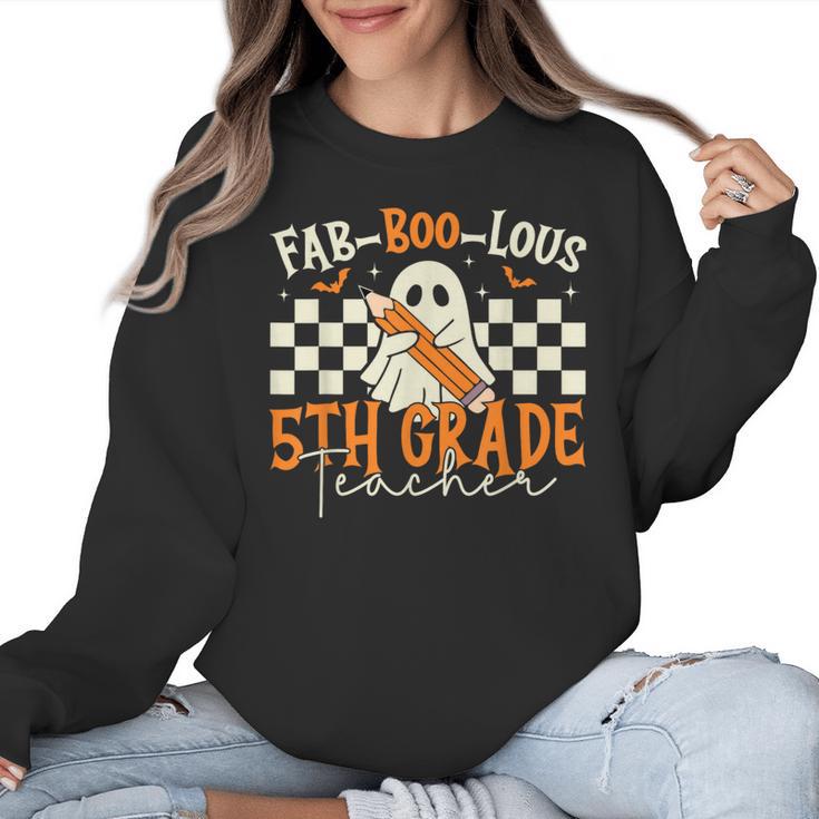 Fab Boo Lous 5th Grade Teacher Retro Ghost Spooky Halloween Women Crewneck Sweatshirt