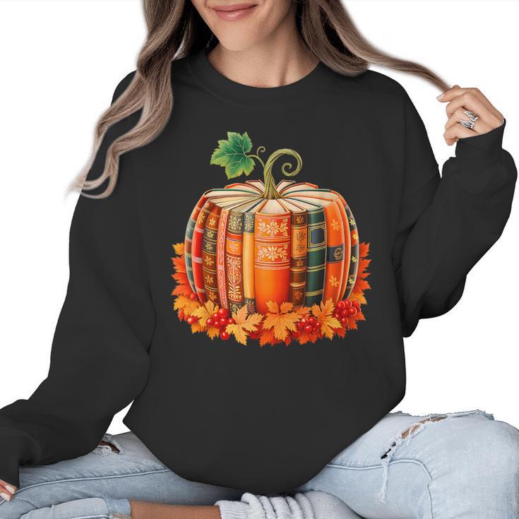 Fall Book Autumn Reading Teacher Halloween Pumpkin Season Women Crewneck Sweatshirt