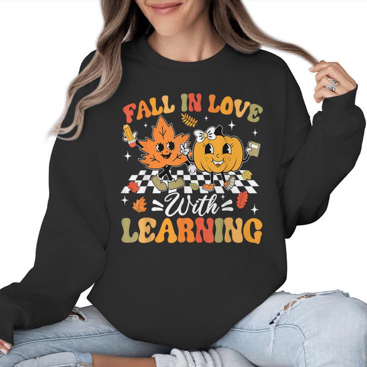 Fall In Love With Learning Fall Teacher Thanksgiving Retro Women Crewneck Sweatshirt