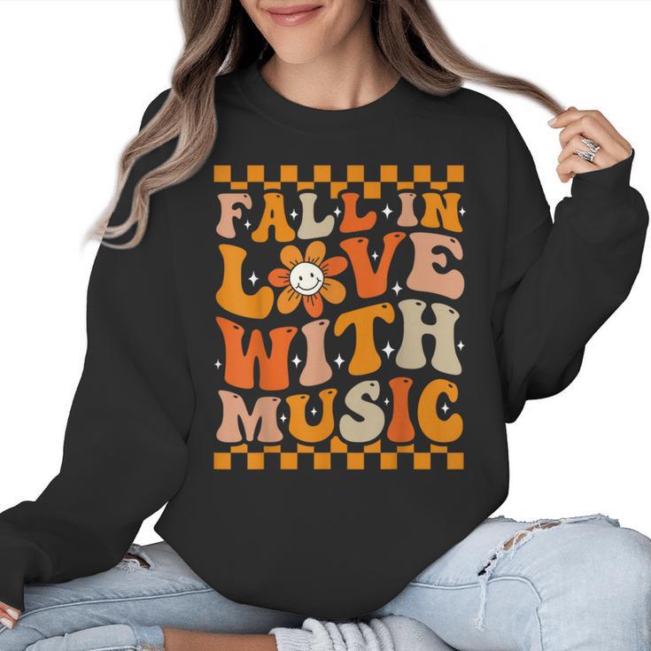 Fall In Love With Music Groovy Thanksgiving Music Teacher Men Women Girls Kids Women Crewneck Sweatshirt