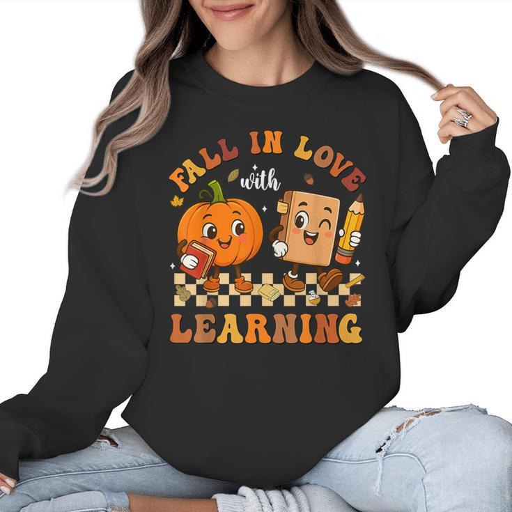 Fall In Love With Reading Book Autumn Pumpkins And Teachers Women Crewneck Sweatshirt