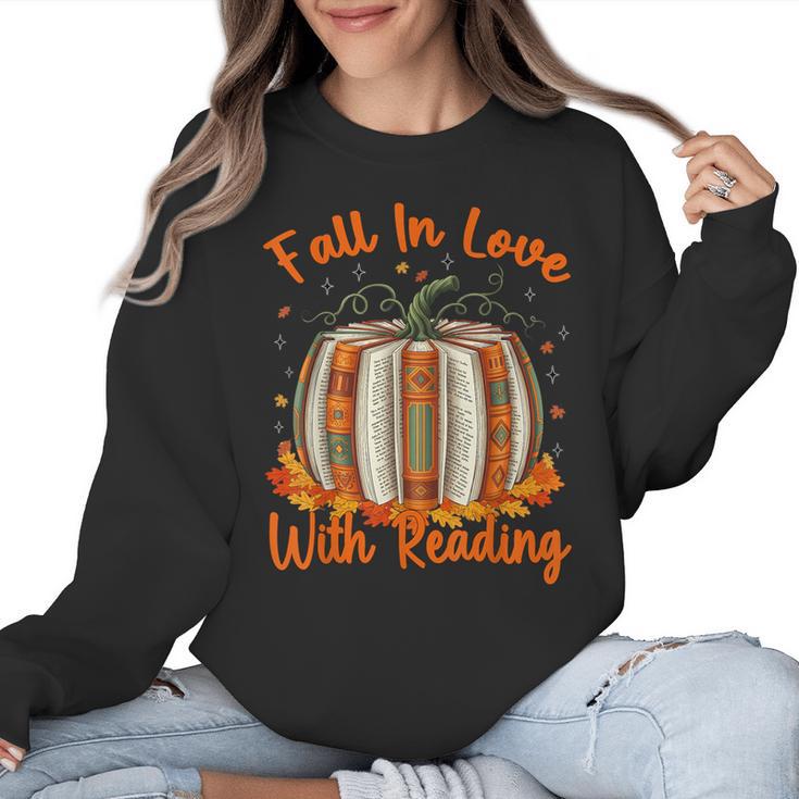 Fall In Love With Reading Pumpkin Autumn Librarians Teacher Women Crewneck Sweatshirt