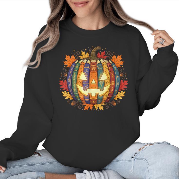 Fall Pumpkin Book Lover Spooky Librarian Teacher Halloween Women Crewneck Sweatshirt