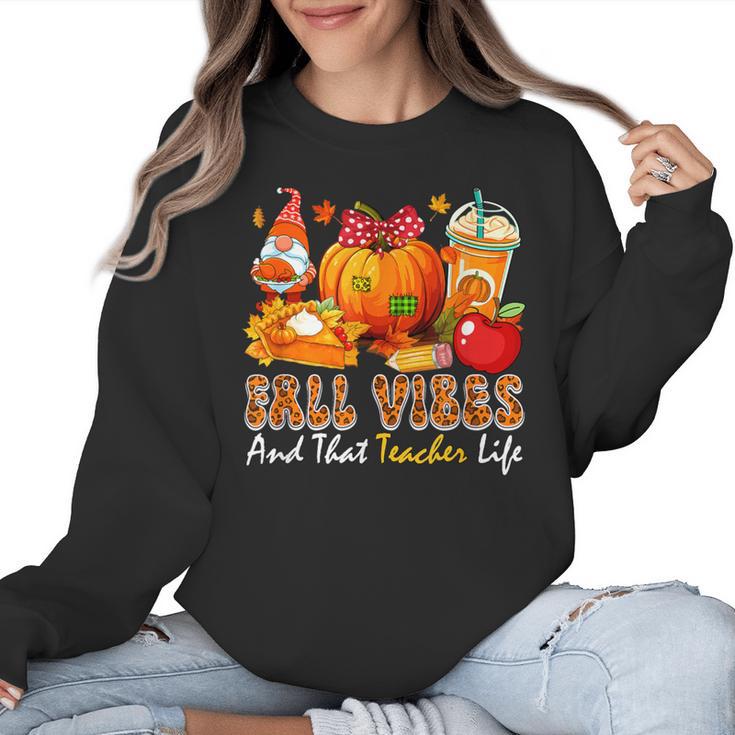 Fall Vibes Costume Teacher Thanksgiving Leopard Gnome Women Crewneck Sweatshirt