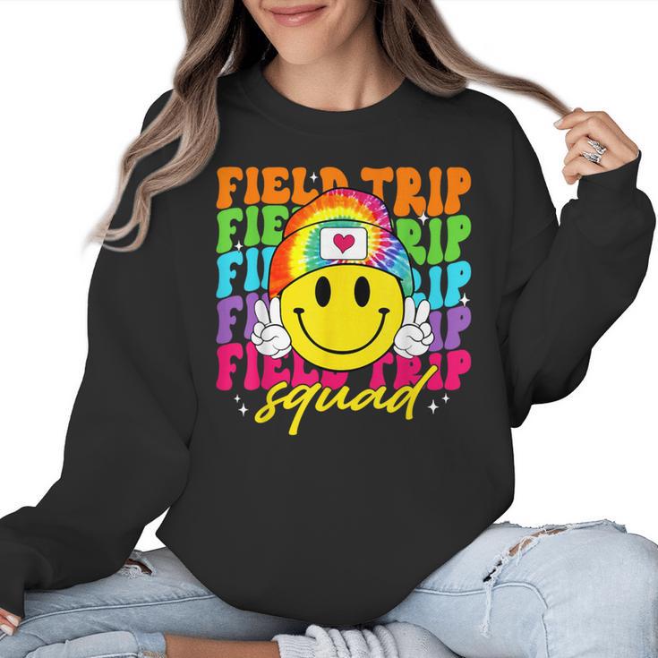 Field Trip Squad Groovy Field Day Smile Face Teacher Tie Dye Women Crewneck Sweatshirt