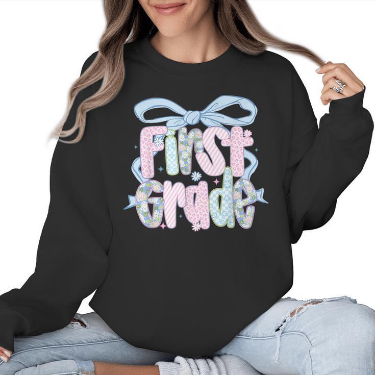 First Grade Coquette Bow Girls Teacher Team 1st Grade Squad Women Crewneck Sweatshirt