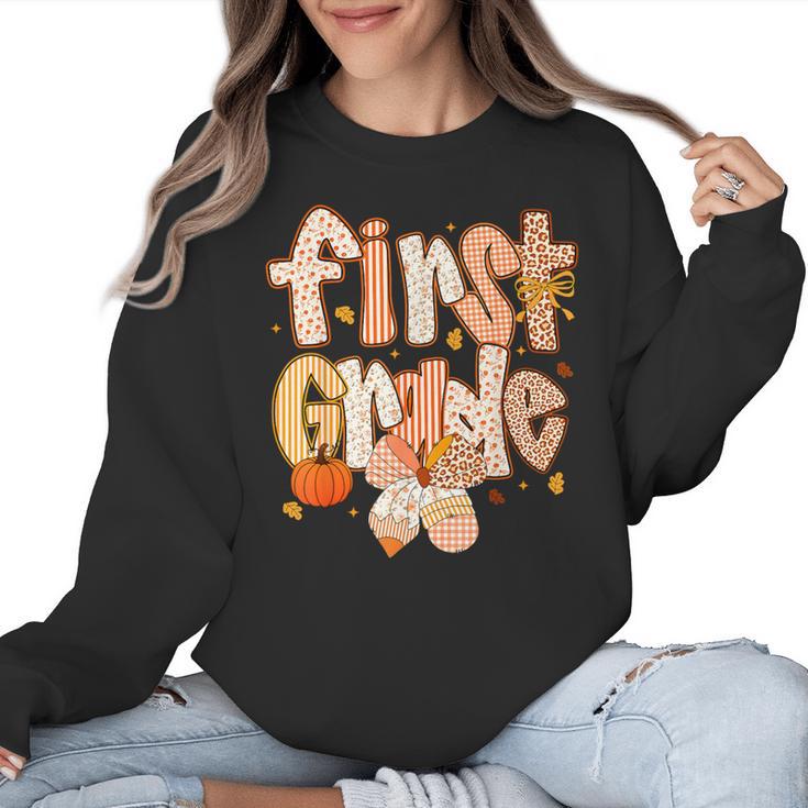 First Grade Fall Floral Coquette Bow Teachers Students Women Crewneck Sweatshirt