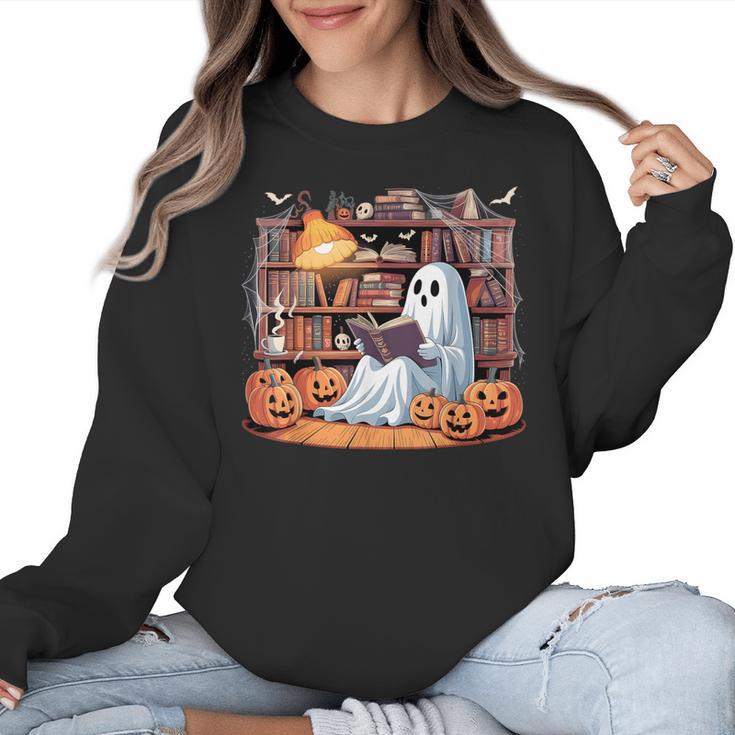 Ghost Book Reading Halloween Books Lover Teacher Women Crewneck Sweatshirt