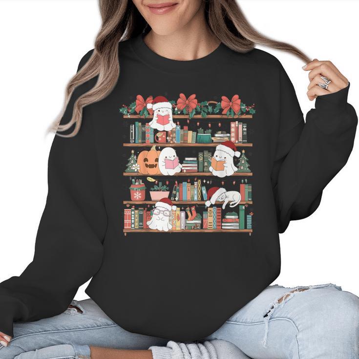 Ghost Christmas Reading Book Lover Library Christmas Teacher Women Crewneck Sweatshirt