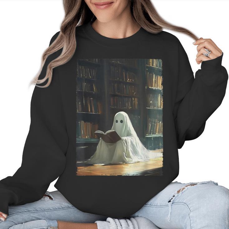 Ghost Library Halloween Book Reading Books Lover Teacher Women Crewneck Sweatshirt