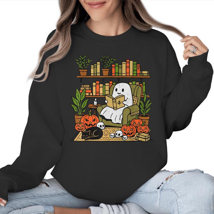 Ghost Library Reading Books Halloween Librarian Teacher Women Crewneck Sweatshirt