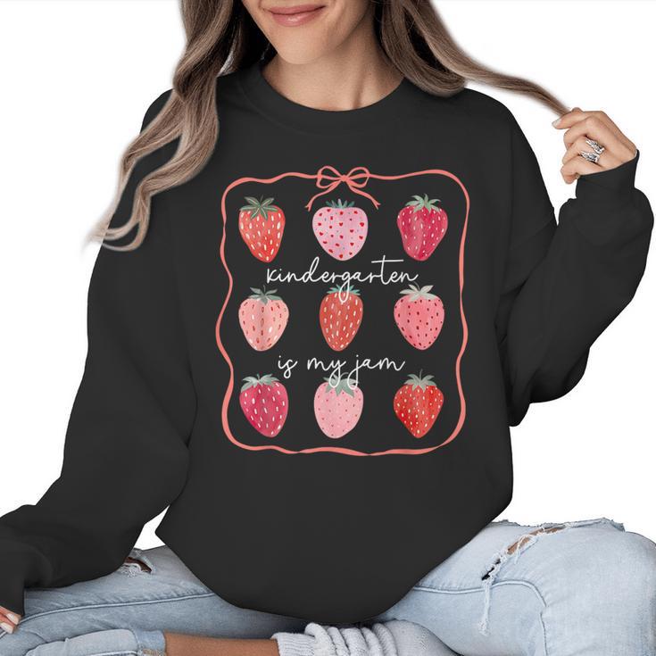 Groovy Kindergarten Is My Jam Strawberry Kinder Team Teacher Women Crewneck Sweatshirt