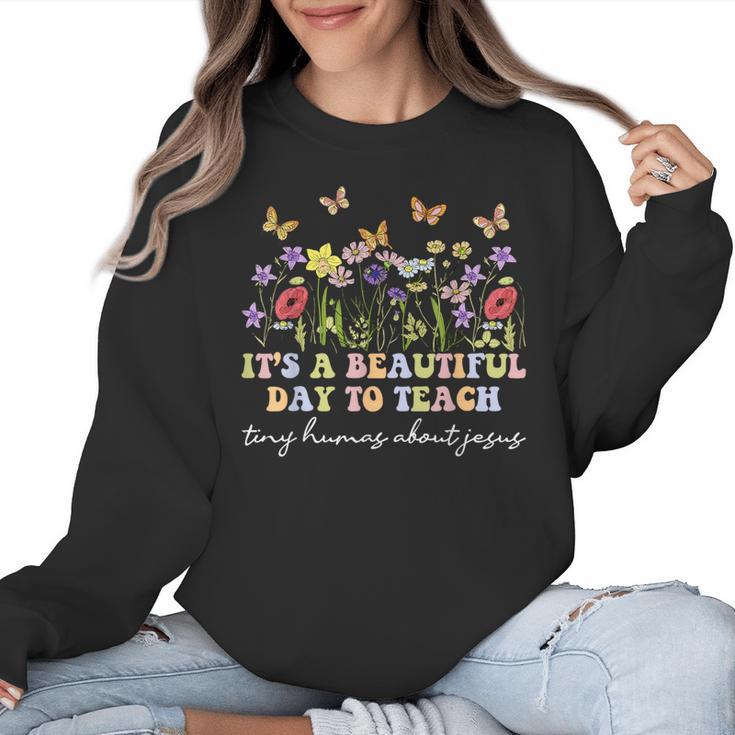 Groovy I Teach Tiny Humans About Jesus Christian Teacher Women Crewneck Sweatshirt