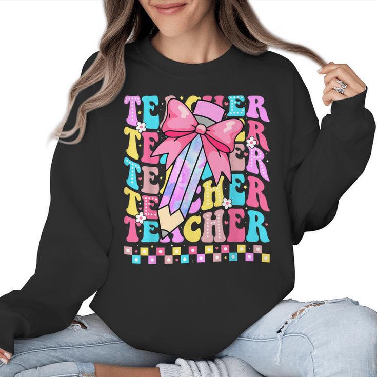 Groovy Teacher Cute Coquette Bow Flower Retro Back To School Women Crewneck Sweatshirt