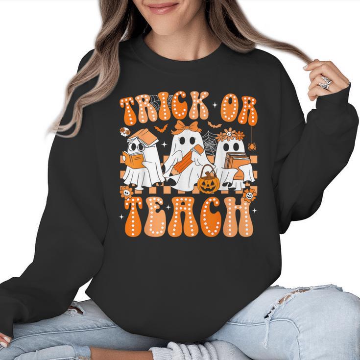 Groovy Teacher Halloween Trick Or Teach Ghost Men Women Kids Women Crewneck Sweatshirt