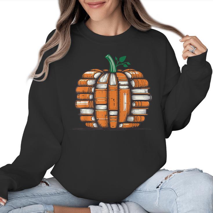 Halloween Books Pumpkin Reading Teacher Fall Men Women Women Crewneck Sweatshirt