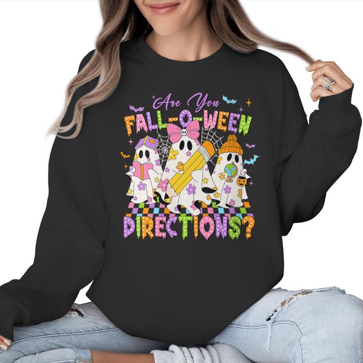 Halloween Floral Ghost Teacher Are You Falloween Directions Women Crewneck Sweatshirt