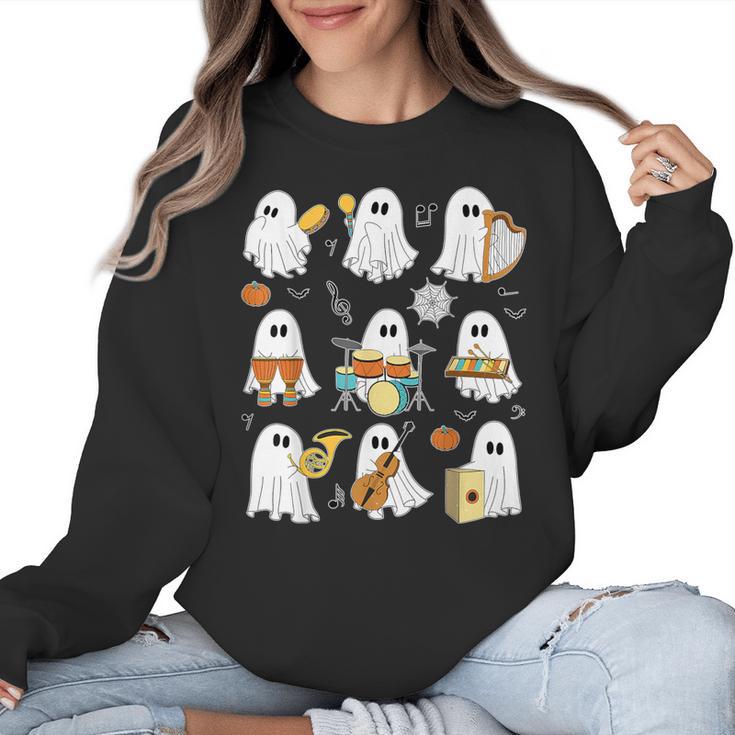 Halloween Ghost Music Teacher Playing Instruments Women Crewneck Sweatshirt