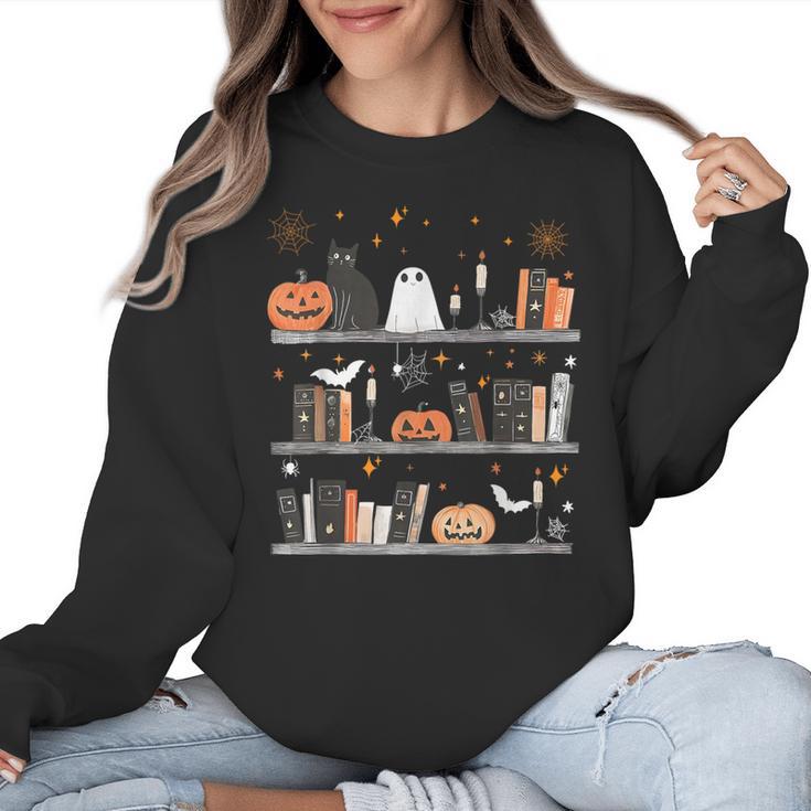 Halloween Library Ghost Books Teacher Spooky Trick Or Teach Women Crewneck Sweatshirt