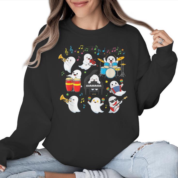 Halloween Music Teacher Ghost Playing Musical Instruments Women Crewneck Sweatshirt