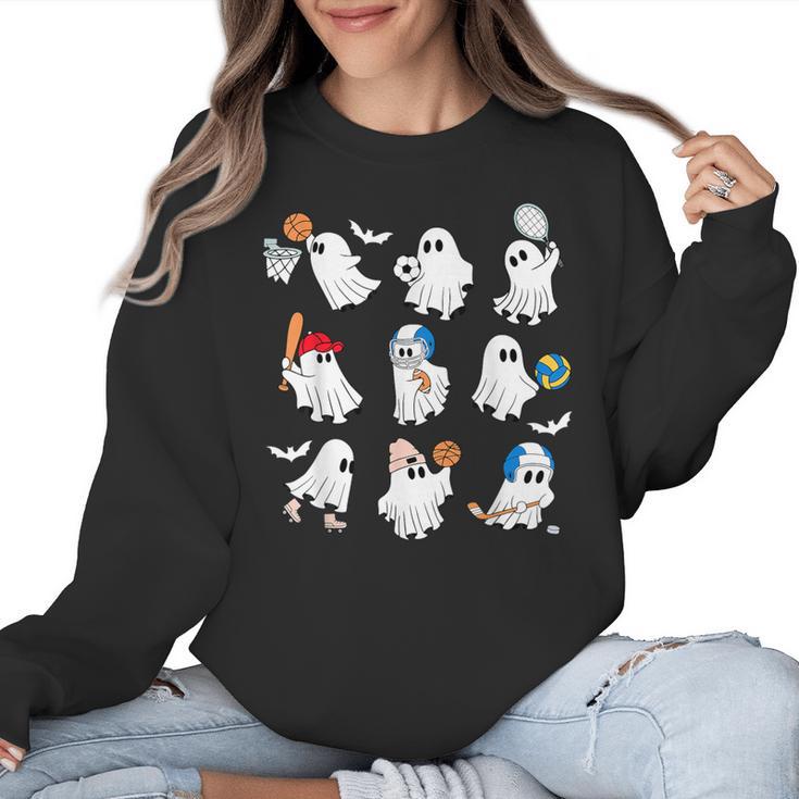 Halloween PE Teacher Ghost Playing Soccer Football Baseball Women Crewneck Sweatshirt