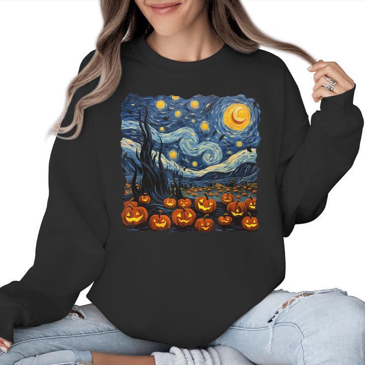 Halloween Pumpkin Starry Night Van Gogh Art Teacher Women Crewneck Sweatshirt