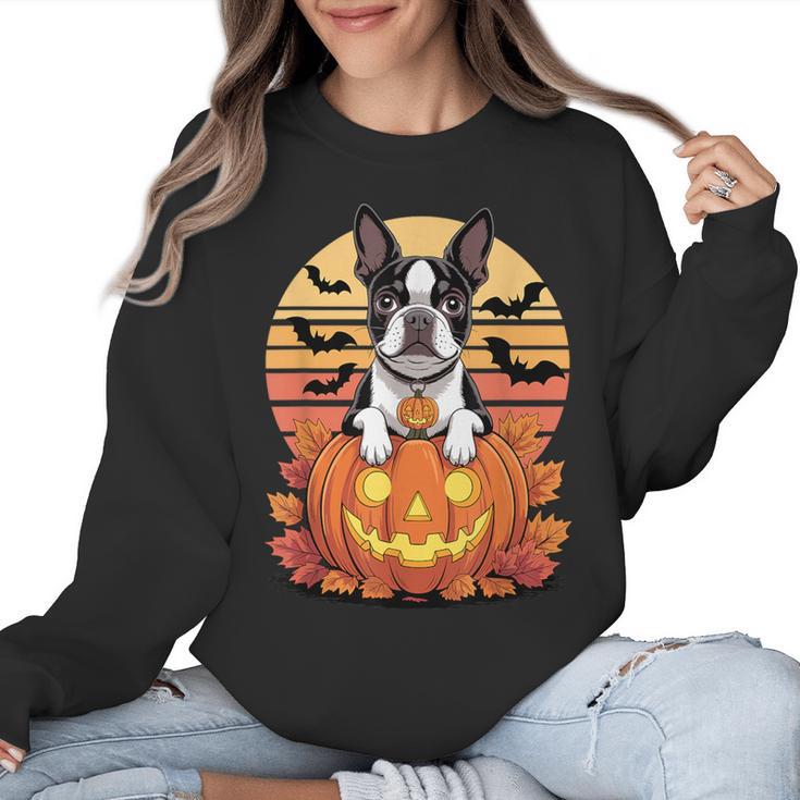 Halloween Retro Boston Terrier Women Crewneck Sweatshirt