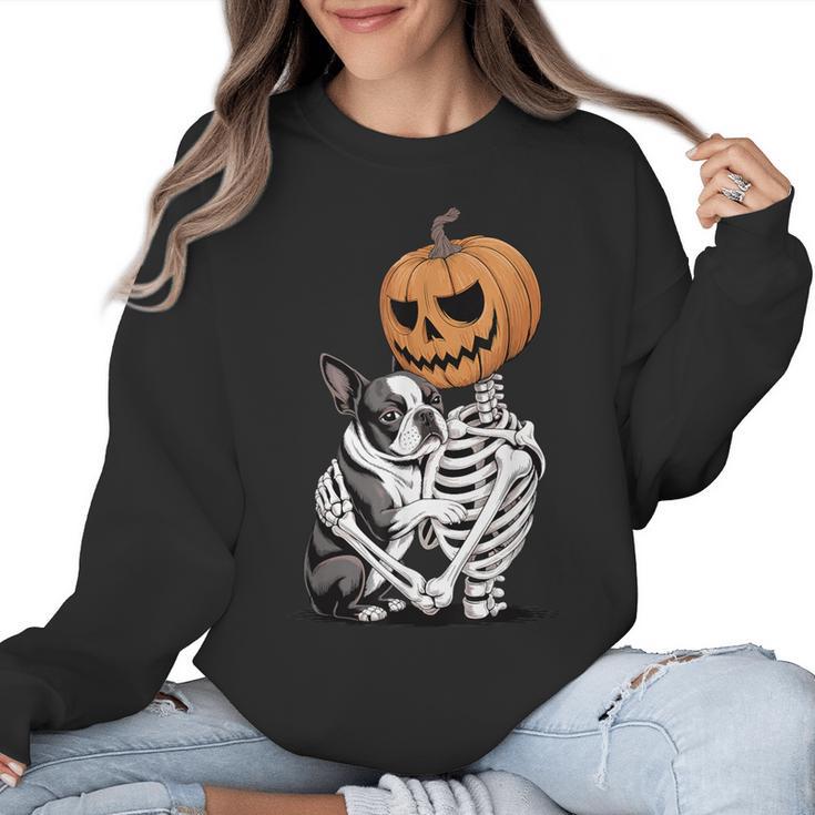 Halloween Skeleton Boston Terrier Women Crewneck Sweatshirt