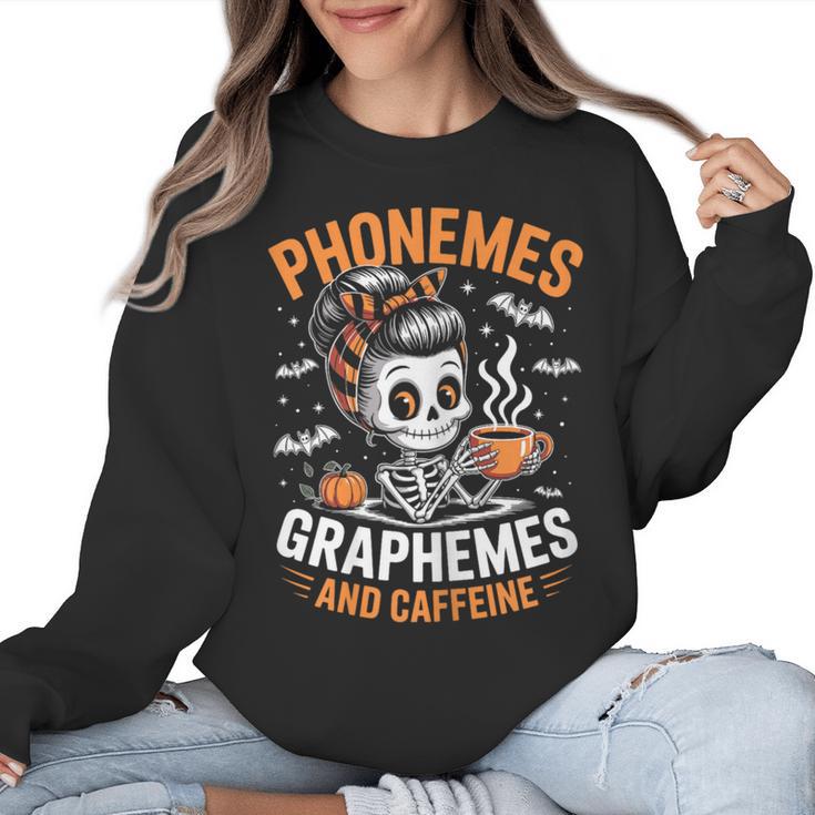 Halloween Skeleton Teacher Phonemes Graphemes Caffeine Lover Women Crewneck Sweatshirt