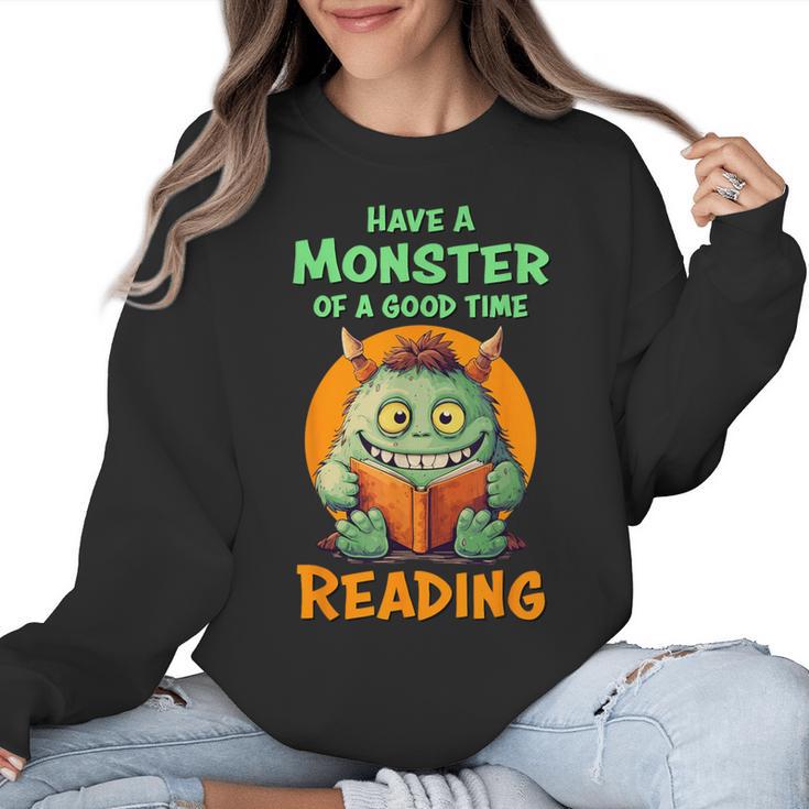 Halloween Teacher Librarian Monster Reading Books Men Women Kids Women Crewneck Sweatshirt
