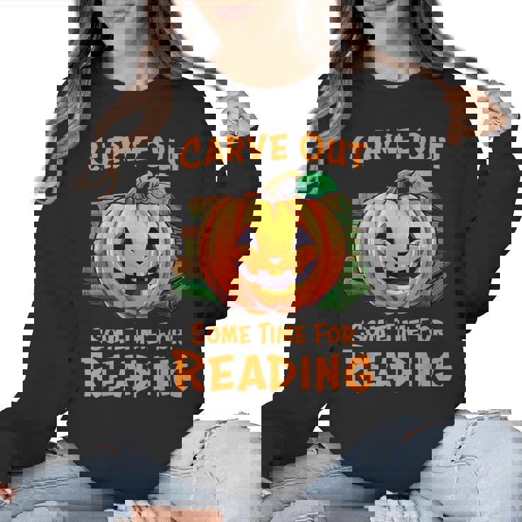 Halloween Teacher Librarian Pumpkin Reading Books Men Women Kids Women Crewneck Sweatshirt