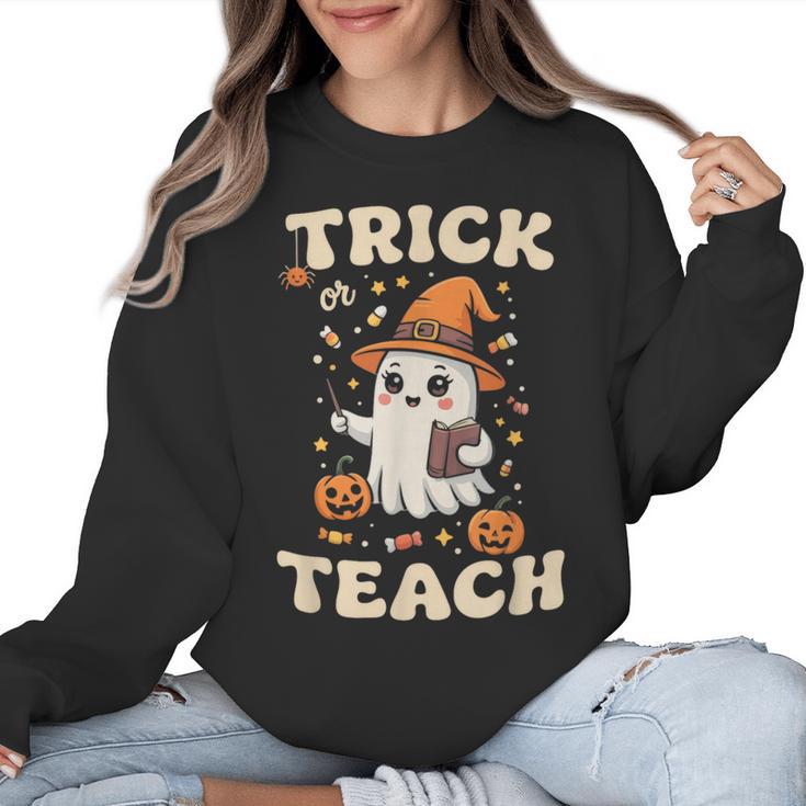 Halloween Teacher Shirts Women School Trick Or Teach Groovy Women Crewneck Sweatshirt
