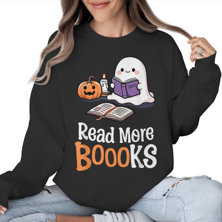 Halloween Teacher Women Cute Reading Ghost Read More Books Women Crewneck Sweatshirt