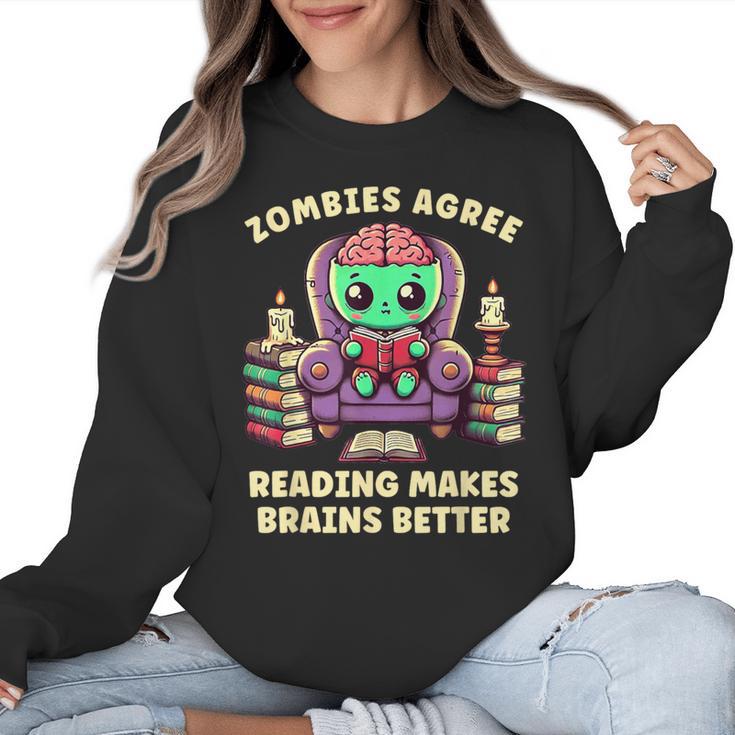 Halloween Teacher Zombie Reading Is Good For Brains Women Crewneck Sweatshirt