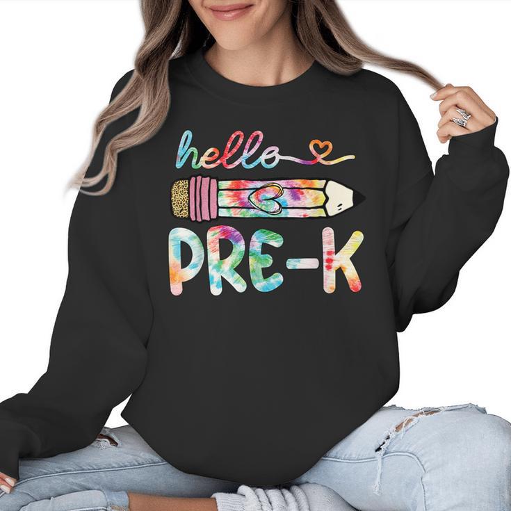 Hello Pre-K Pencil Teacher Student Tie Dye Women Crewneck Sweatshirt