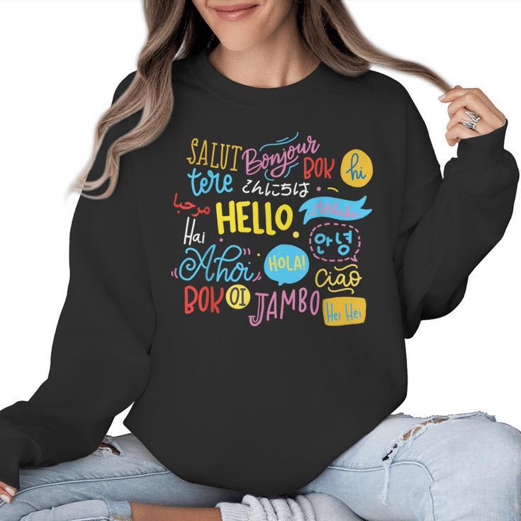 Hello Word In Different Languages Travel And Teacher Lover Women Crewneck Sweatshirt