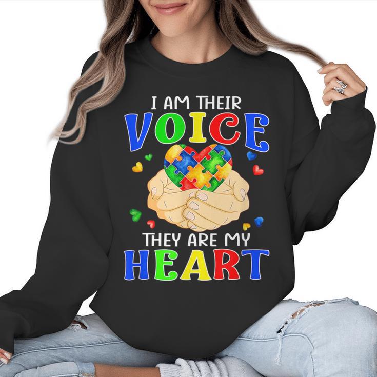I Am Their Voice They Are My Heart Autism Awareness Teacher Women Crewneck Sweatshirt