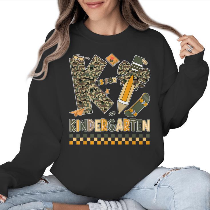 K Is For Kindergarten Teacher Coquette Bow Camo Women Crewneck Sweatshirt