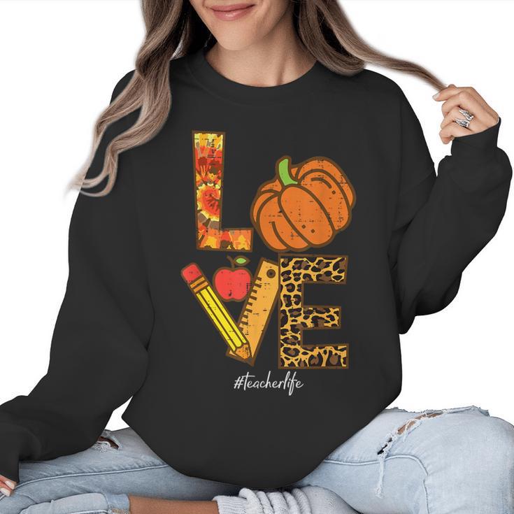 Leopard Pumpkin Love Teacher Life Thanksgiving Fall Women Women Crewneck Sweatshirt