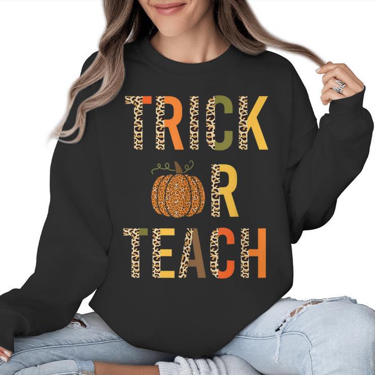 Leopard Trick Or Teach Halloween Teacher Costume Women Women Crewneck Sweatshirt