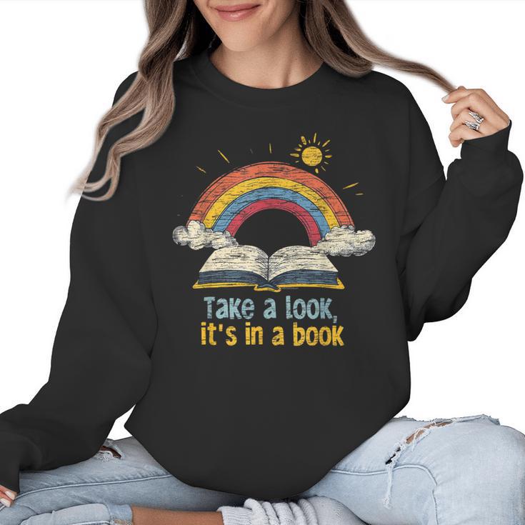 Take a Look It's In a Book Vintage Reading Teacher Rainbow Women Crewneck Sweatshirt