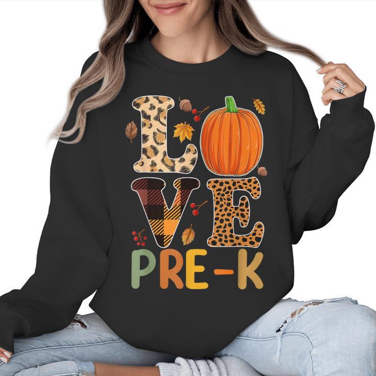 Love Pre-k Teacher Shirts Autumn Fall Pumpkin Fall Leopard Women Crewneck Sweatshirt