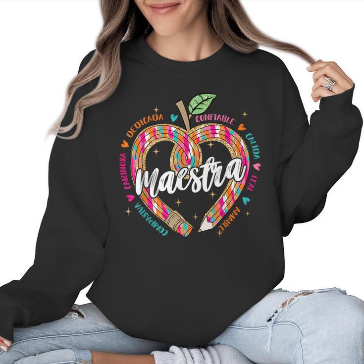Maestra Pencil Spanish Teacher Bilingual 100 Days Of School Women Crewneck Sweatshirt